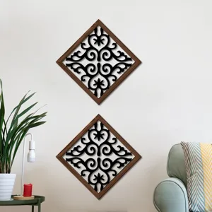 Detailed view of wooden hollow diamond wall art, stylish geometric decor for home interior.