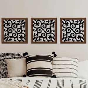 Wooden hollow wall art set, vintage black scroll pattern inside dark wood frames.
