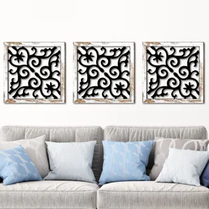 Wooden hollow wall art panel set scene detail showcasing modern home living room decor style.
