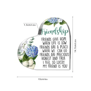 Heldere acryl hart vriendschap plaque met blauwe hortensia's, perfecte bureau decoratie cadeau.
