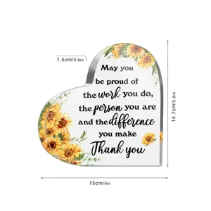 Acryl hart tafelplaatje met zonnebloem print en inspirerende quote, 15x14,7 cm