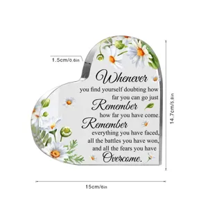 Transparant acryl hart bordje met madeliefje en citaat, perfect voor bureau decoratie.