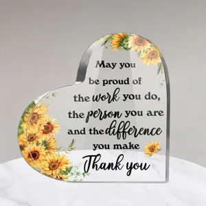 Transparant acryl hart ornament met zonnebloem print en inspirerende quote voor thuis.