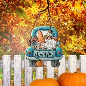 Thanksgiving wooden hanging sign featuring gnome and vintage truck for front door decor