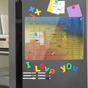 Acrylic magnetic calendar dry erase board for fridge with colorful weekly planner and pens.