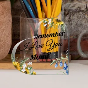 Transparant acryl hart tafelbord met bloemige UV-print, perfecte moederdag huisdecoratie.