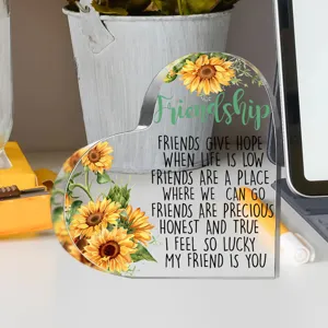 Acryl hart plaquette met zonnebloem print en vriendschap quote, bureau decoratie.