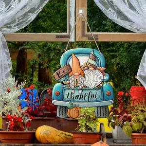 Wooden Thanksgiving gnome truck door hanging sign autumn harvest home decor detail