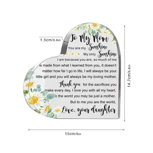 Acryl hart plaquette ornament voor moeder, heldere tafeldecoratie met madeliefjes.