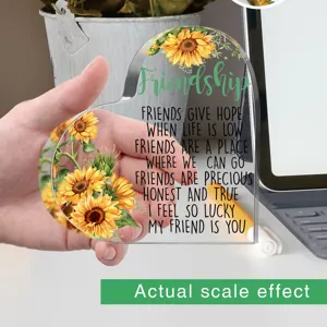 Transparante acryl hart plaquette bureau decoratie met zonnebloem vriendschap quote