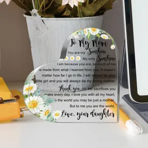 Acryl hart plaquette voor moeder met madeliefje bloemmotief, bureau decoratie ornament.