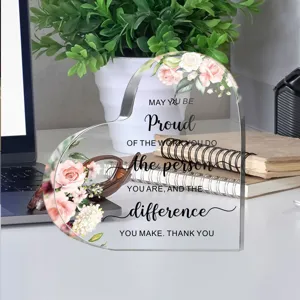 Transparant acryl hart plaquette detail, inspirerende quote bureau decoratie, UV print.