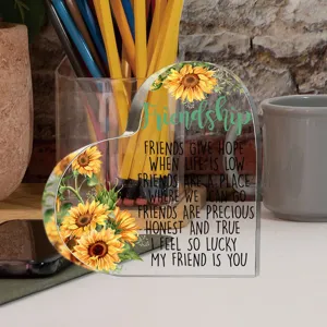 Hart acryl plaat met zonnebloem print en vriendschap quote voor desktop huisdecoratie.