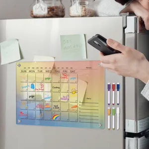 Acrylic magnetic weekly calendar board for fridge with dry erase markers and colorful design.