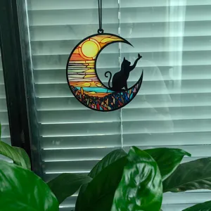 Buntglas Mondsichel Katze Fensterbehang Sonnenfaenger Haus Zimmer Wanddekoration