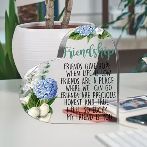 Gedetailleerd overzicht van helder acryl hartplaatje met blauwe bloemenprint en vriendelijke tekst.