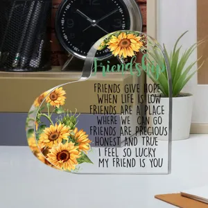 Transparant acryl hart plaatje met zonnebloem print en quote voor bureau decoratie.