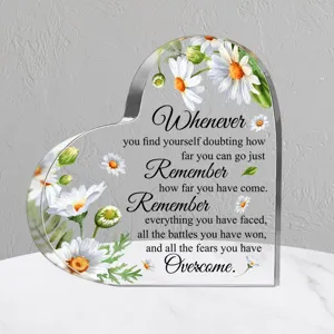 Transparant acryl hart plaquette bureau decoratie met margriet print en inspirerende citaten.