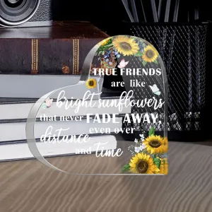 Transparant acryl hart plaatje met zonnebloem print en vriendschap quote voor bureau.