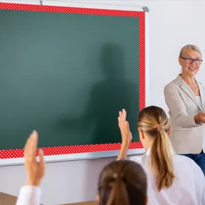 Banda de borde de tablón de anuncios con lunares rojos para decoración escolar.