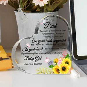 Transparant acryl hart plaquette cadeautje voor papa met bloemenprint en oprechte dankbaarheid tekst.