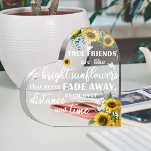 Transparant acryl hart plaquette met zonnebloem print en citaat, perfecte bureau decoratie.