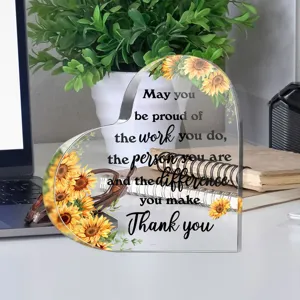Acryl hart plaquette met zonnebloem print bureau decoratie inspirerende quote cadeau item.