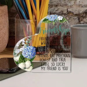 Duidelijk acryl hart tafelplaatje met bloemenprint en vriendschapscitaat voor kantoor decor