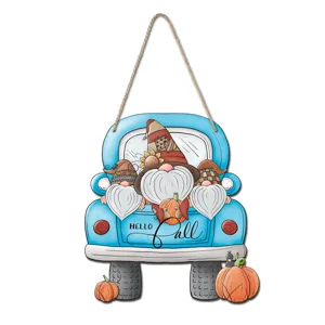 Autumn Thanksgiving wooden hanging sign, blue truck gnome door decor for fall party.