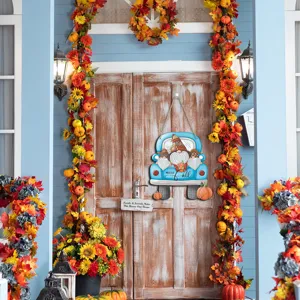 Thanksgiving wooden hanging sign featuring blue truck with autumn gnomes and pumpkins for porch decor
