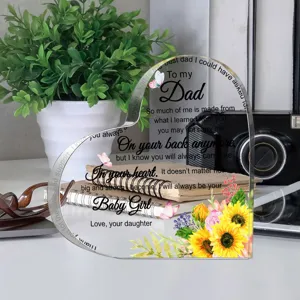 Transparant acryl hart plaatje cadeau voor papa, UV bedrukte bloemen bureau decoratie.