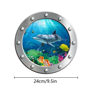 Detailed view of the ocean dolphin porthole wall sticker, showing vivid underwater marine life.