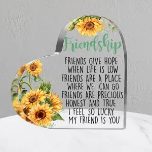 Heldere acryl hart vriendschap plaque bureau decoratie met zonnebloem print cadeau.