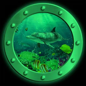Luminous porthole wall sticker featuring a dolphin and ocean animals, perfect for home decor.