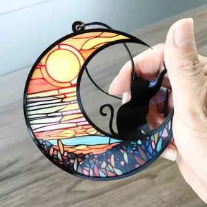 Buntglas Stil Mondsichel schwarze Katze hängendes Ornament Acryl Fensterdekoration