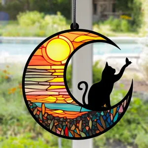 Buntglas Mondsichel Katze Hängeornament, wunderschöne Fensterdeko für das Wohnzimmer zu Hause.