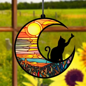 Buntglas Mond Katze Sonnenfaenger Fenster Haengekunst Heimdekor Detailansicht toll
