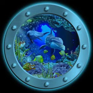Luminous porthole window wall sticker featuring ocean animals and dolphins for home decor.