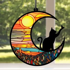 Wunderschönes Buntglas Katze Mond Hängedekoration Acryl Fenster Suncatcher für Zuhause