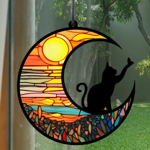 Buntglas Stil Mond Katze Hängeornament, Sonnenfänger Dekor für Wohnzimmer Schlafzimmer.