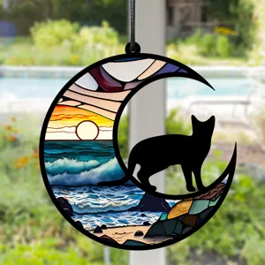 Schwarze Katze Mond buntes Glas Hängeornament Acryl für Wohnzimmer Schlafzimmer Deko