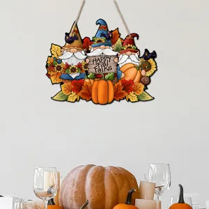 Thanksgiving wooden hanging sign featuring cute gnomes, pumpkins, and autumn leaves for decor.