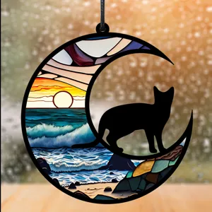 Buntglas Mond Katze Hängeornament Ozean Sonnenuntergang Fensterdekor für Wohnzimmer