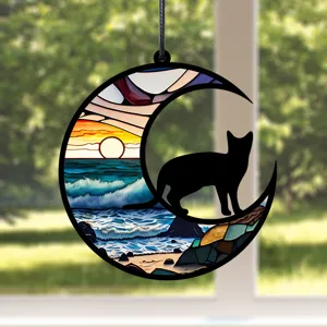 Mondsichel Katze Hängeornament, Buntglas-Stil Fensterdekoration für Zuhause Wohnzimmer.