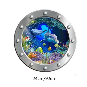 Detailed close-up of circular ocean porthole wall sticker featuring dolphins and fish.