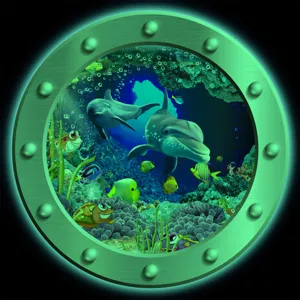 Glow-in-the-dark marine animal porthole wall sticker, vivid underwater world scenery.