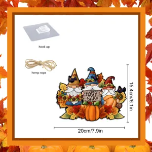 Thanksgiving gnome wooden hanging sign set with hook and rope for party porch decor.