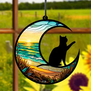 Buntglas Mond Katze Hängeornament, UV-gedruckte Acryl Fensterdekoration für Wohnzimmer Zuhause.
