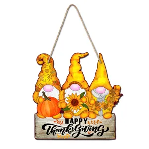 Thanksgiving wooden hanging sign featuring cute autumn gnomes, perfect for door and party decor.