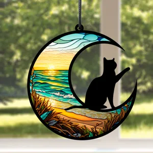 Mond Katze UV Druck Hängeschild, dekorative Acryl Plakette für Wohnzimmer Schlafzimmer Deko.
